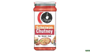Jar of Ching's Schezwan Chutney on a white background