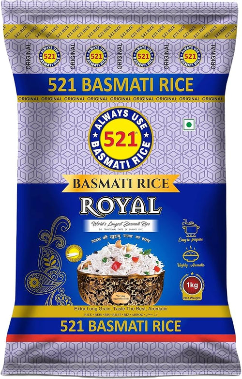 521 Basmati Rice packaging with blue and yellow design