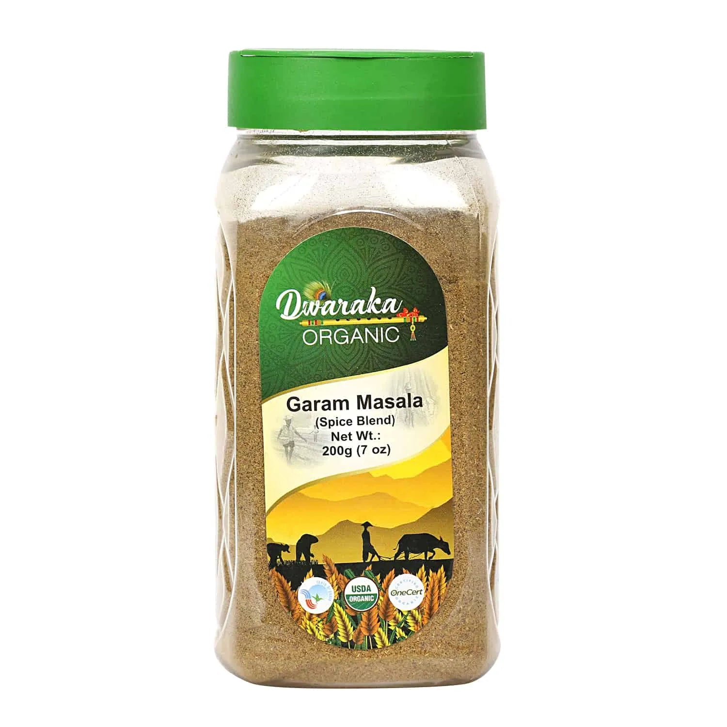 Jar of Dwaraka Organic Garam Masala on a white background