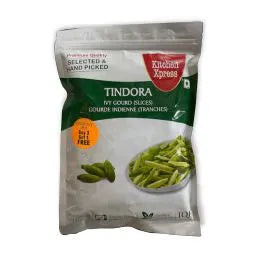 Packaged green beans with brand label on a white background