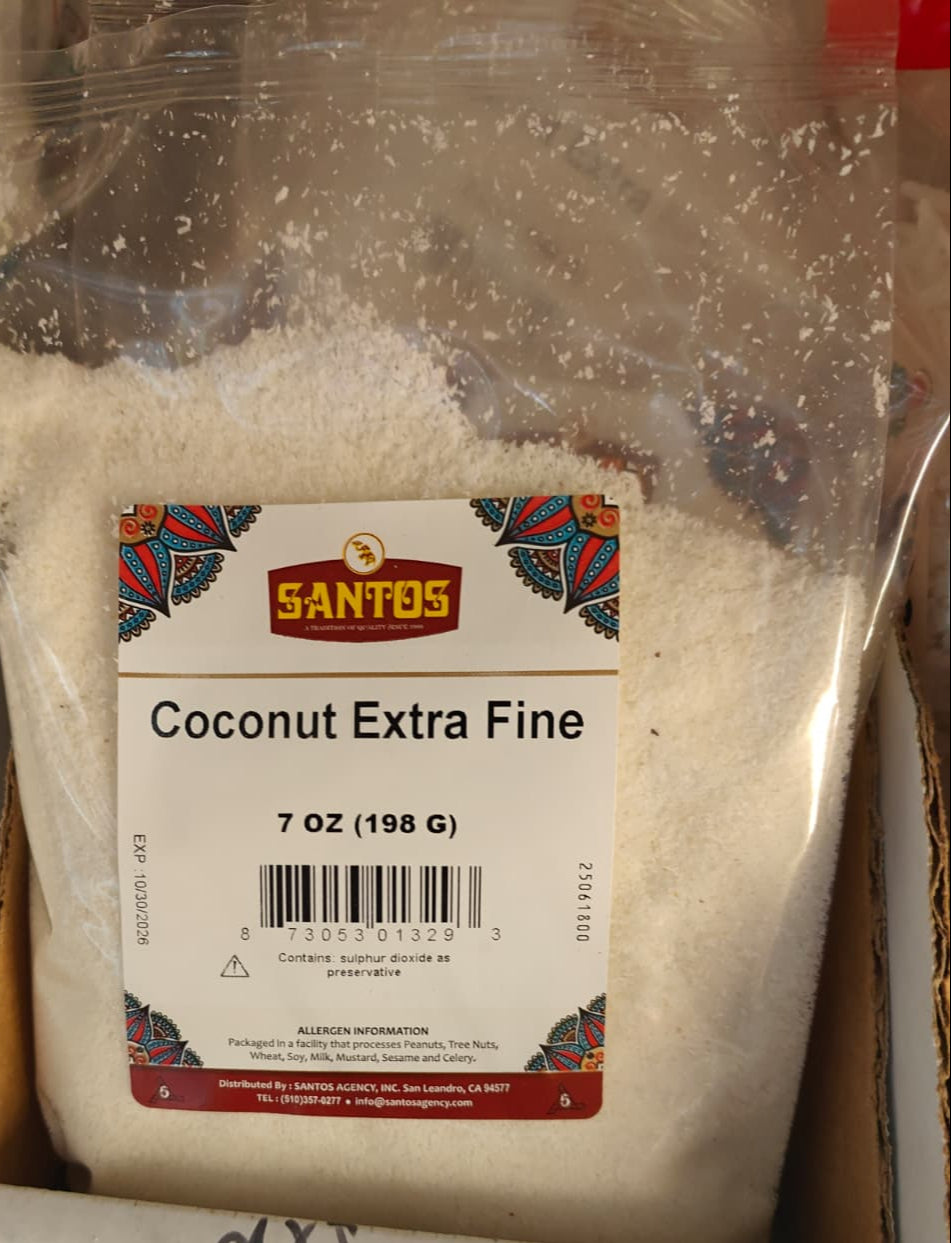 Bag of Santos Coconut Extra Fine in a box with other items.