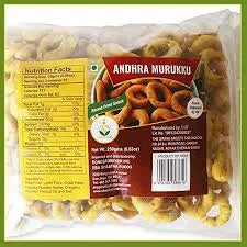 Packaged Andhra Murukku with nutritional information label on a green background
