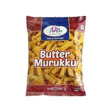 Packaged snack named 'Butter Murukku' with a brand logo on a white background