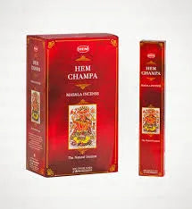 Red box and small red packet labeled 'hem champa on a white background