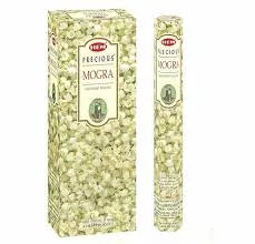 Mogra incense sticks with packaging on a white background