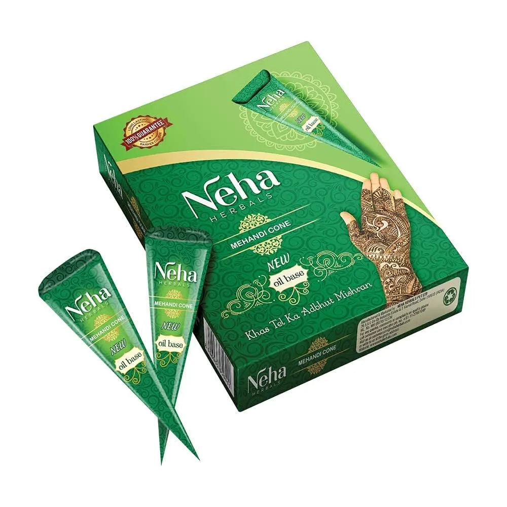 Neha Herbal Mehndi Cone packaging with green cones on a white background