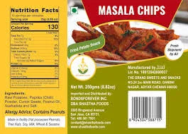 Nutrition label and packaging of Masala Chips with branding details.