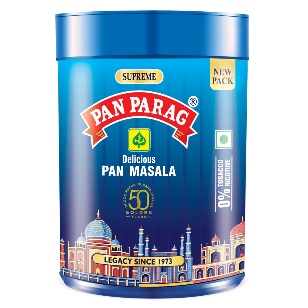 Blue container of Pan Parag Pan Masala with Taj Mahal design on a white background