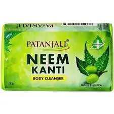 Patanjali Neem Kanti body cleanser bar packaging with green and yellow design.