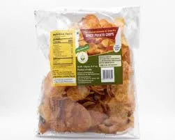 Package of dried potato chips with a label on a white background