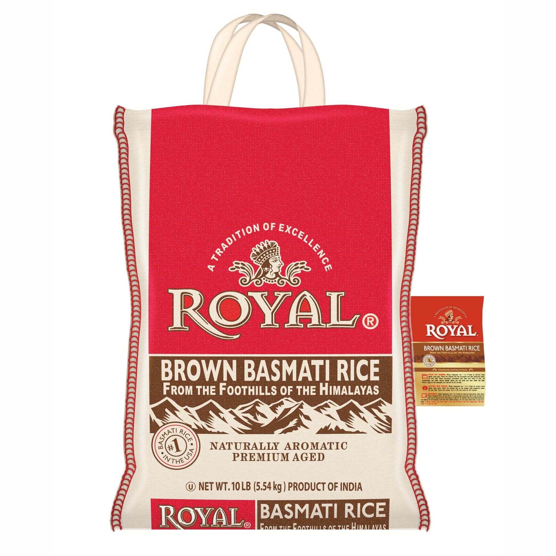 Red bag of Royal Brown Basmati Rice with branding and product details on a white background