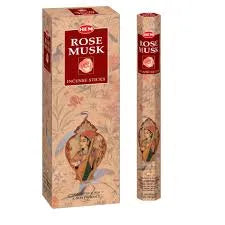 Rose Musk incense sticks with packaging on a white background