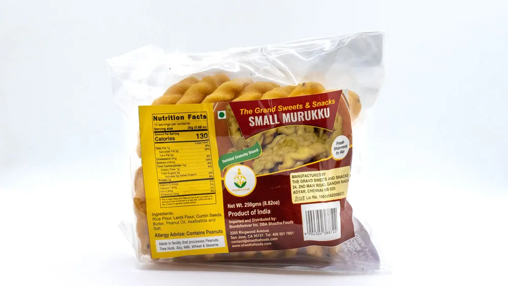 Packaged small murukku with nutritional information on a white background